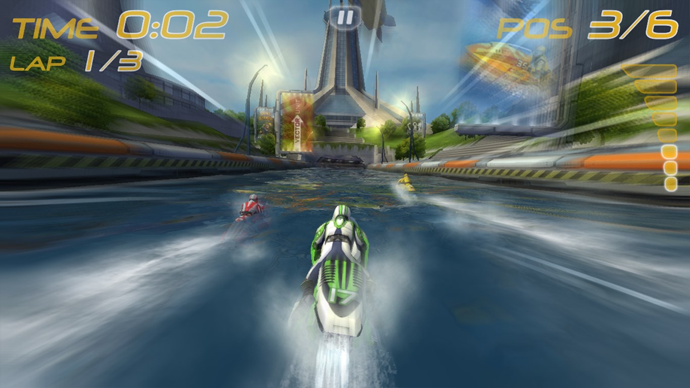 Race futuristic jet skis across realistically simulated water