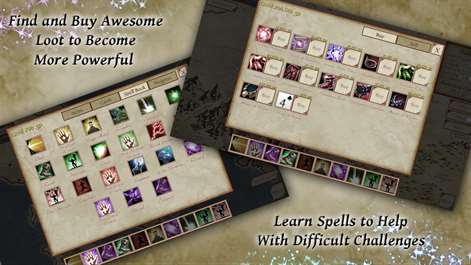 Screenshot: Find and buy awesome loot to become more powerful. Learn spells to help you with the difficult challenges.