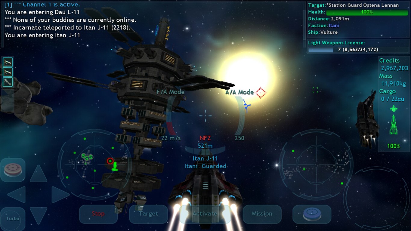 (low-end tablet graphics) A trader approaches a station, while a capship patrols in the distance. (Graphics and interface differs by device capabilities).