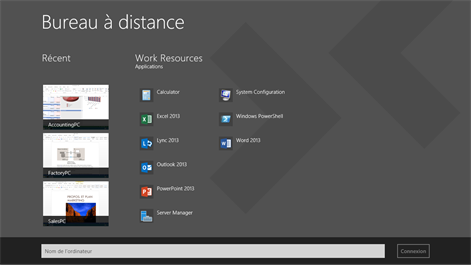 Capture d’écran : Accédez à tous vos PC distants et programmes RemoteApp à partir de l’écran d’accueil.