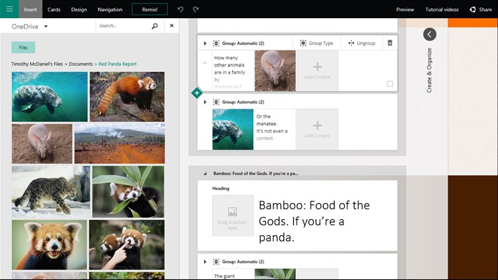 Sway is seamlessly integrated with OneDrive, your devices, social networks and the web so you can drag and drop your content right onto your canvas
