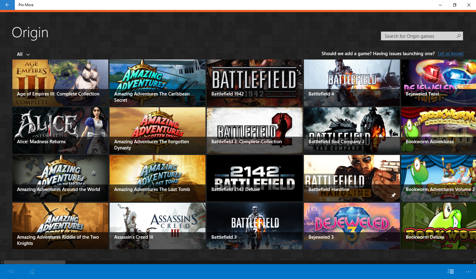 Pin your Origin games.