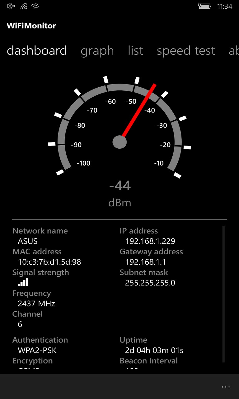 Use the dashboard to view the strength and info of the currently connected WiFi network