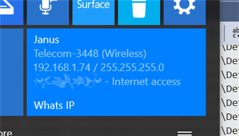 Screenshot: Whats IP features a Live Tile so you can see you IP address from the Start screen