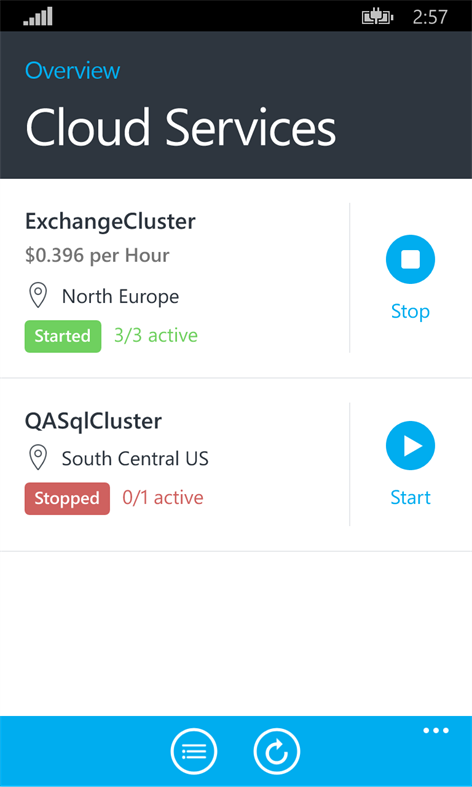 Screenshot: Simple status and cost overview of your cloud services and active instances