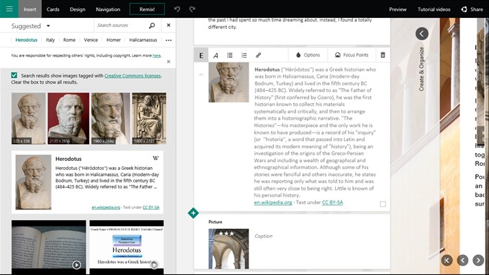 Sway suggests searches to help you find relevant images, videos, tweets, and other content that you can drag and drop right into your creation, based on your existing content