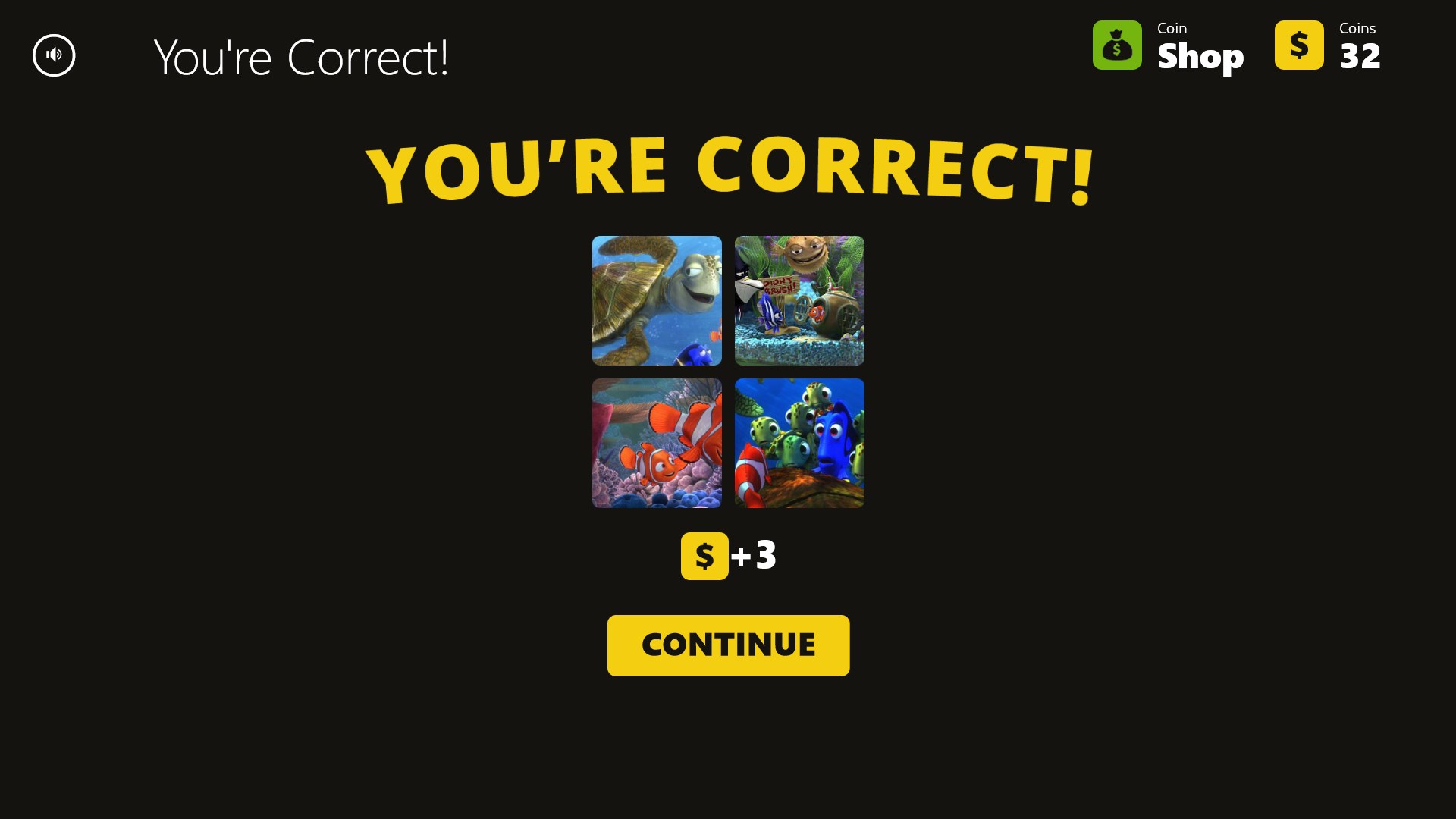 Each correct answer earns coins. Coins can be used to buy hints!