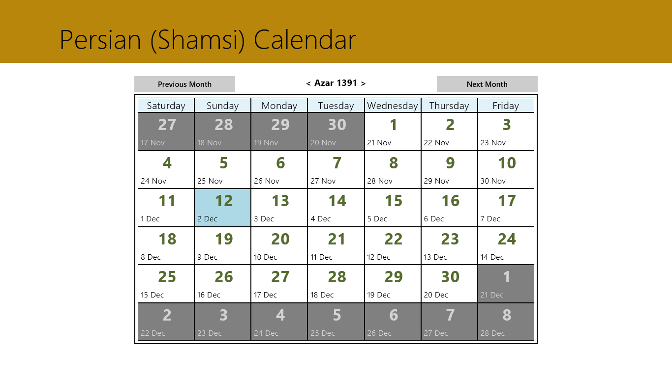 Persian calendar screenshot