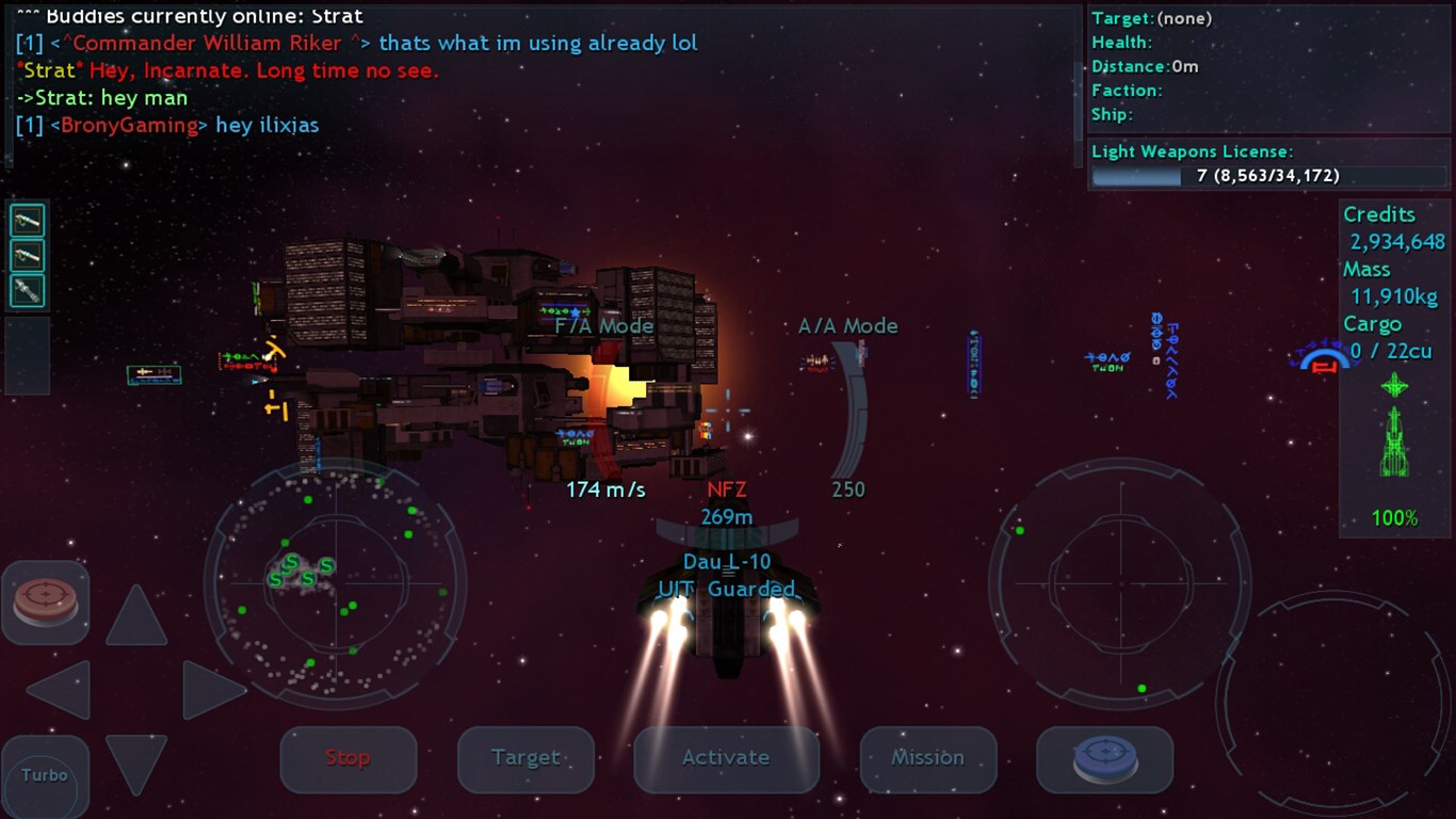 (low-end tablet graphics) Chatting with a friend near a major trading hub, surrounded by floating billboards. (Graphics and interface differs by device capabilities).