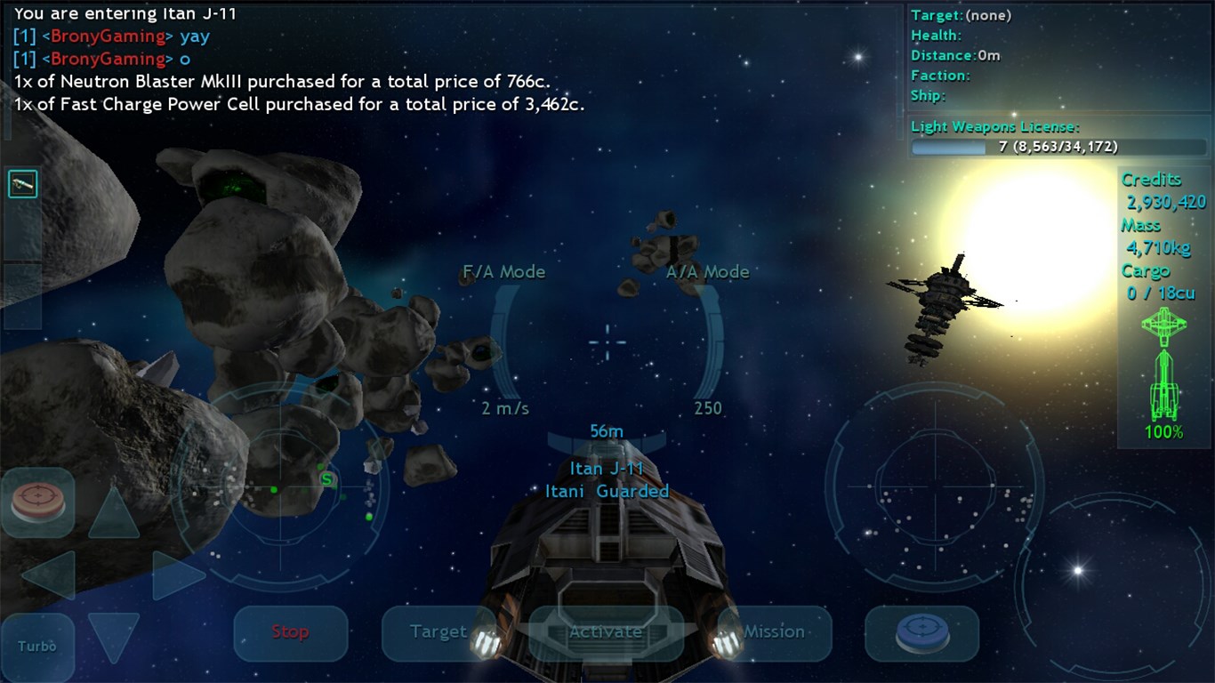 (low-end tablet graphics) Asteroids that show signs of mining stretch into the distance, near a space station. (Graphics and interface differs by device capabilities).