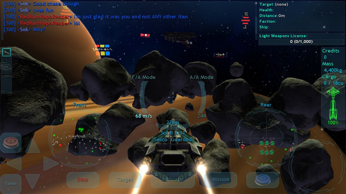 (low-end tablet graphics) A new pilot explores the asteroids above the rings of a gas giant. A distant capital ship guards the sector.