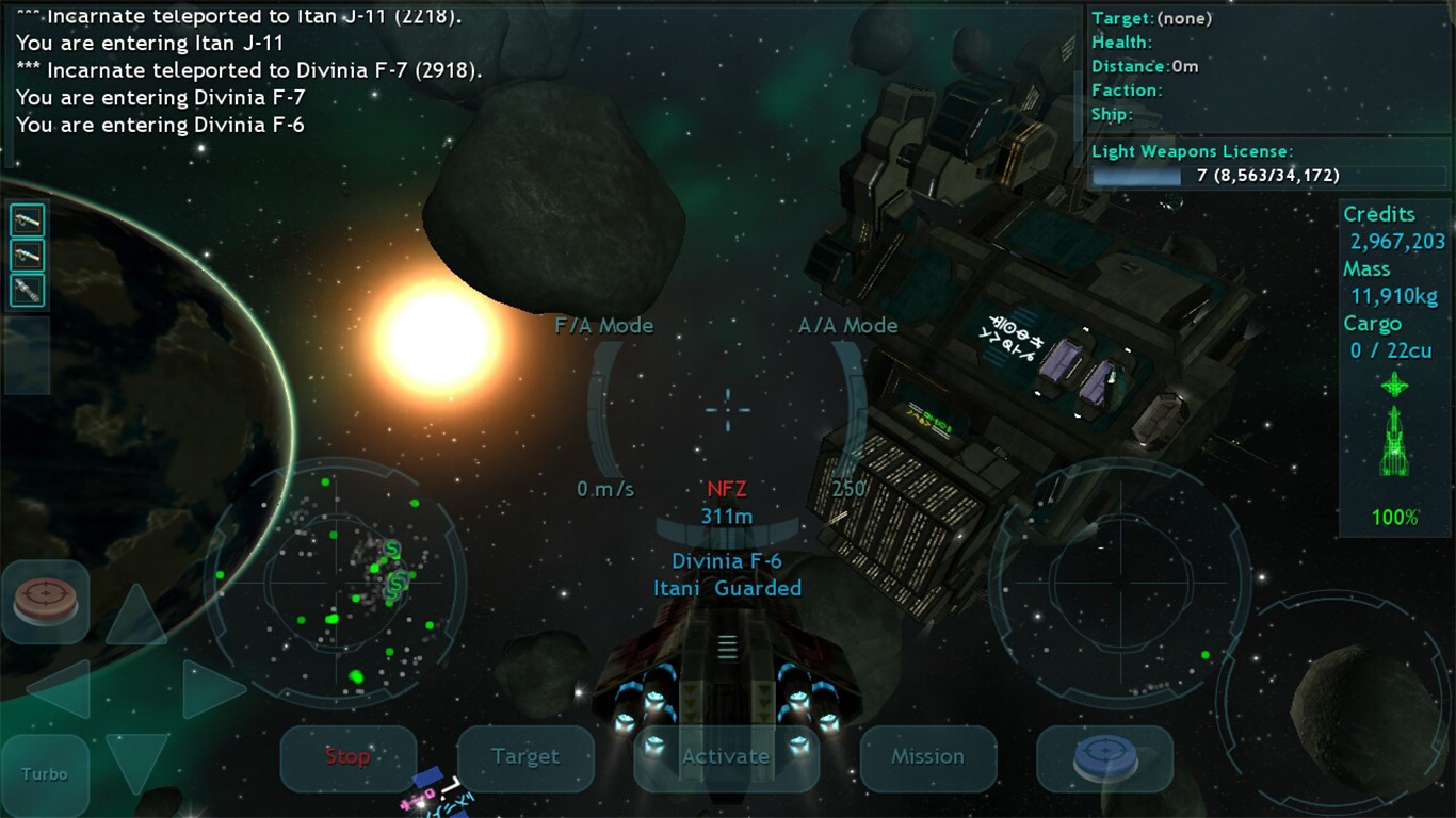 (low-end tablet graphics) A trading ship approaches a station in orbit of the major populated planet "Divinia", in Itani space.