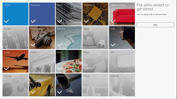 Screenshot: Select your favorite topics to build your Flipboard.